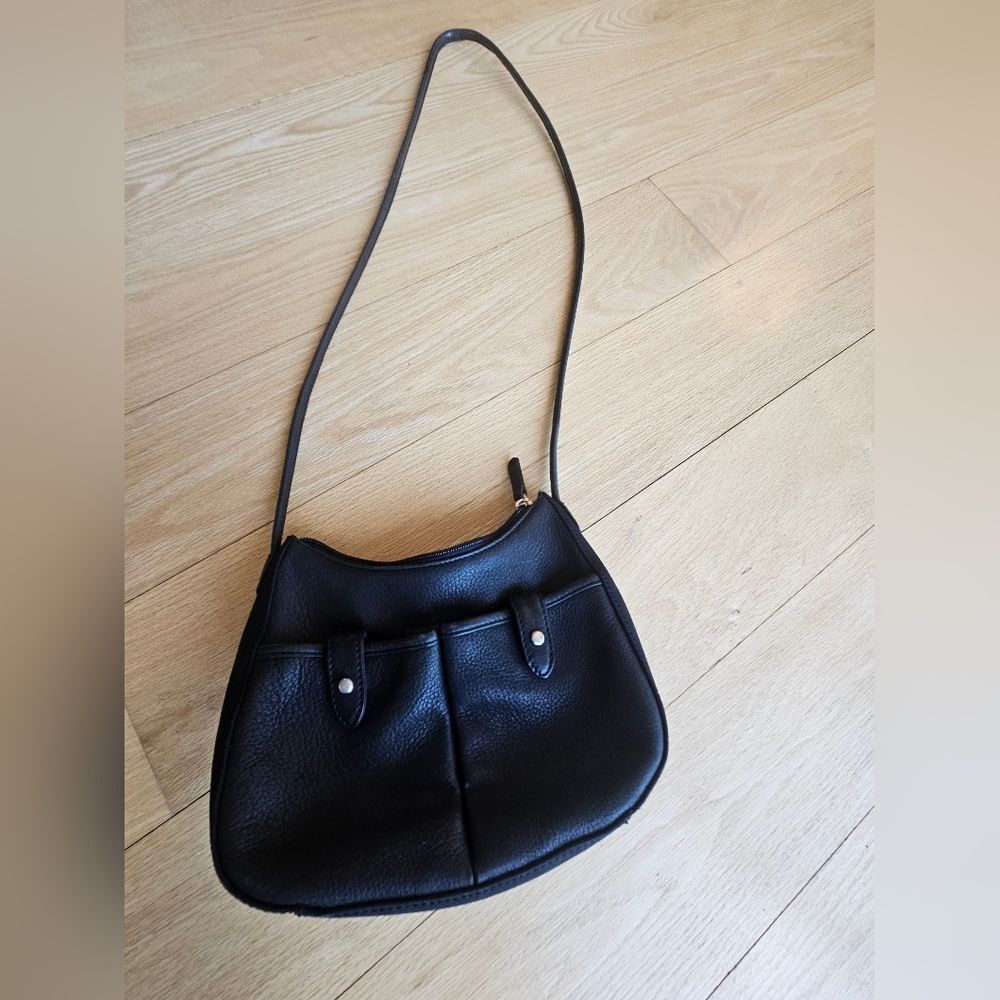 Vintage Fossil crossbody bag, black leather w/nylon fabric sides & bottom